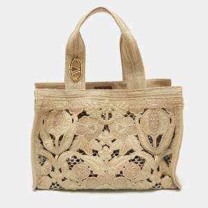 Valentino Beige Canvas and Raffia Medium Resort Flower Tote