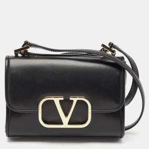 Valentino Black Leather VLogo Flap Crossbody Bag
