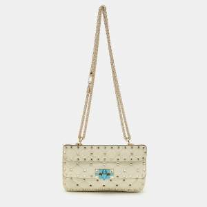 Pre Owned Valentino Ivory Leather Small Rockstud Spike Top Handle Bag