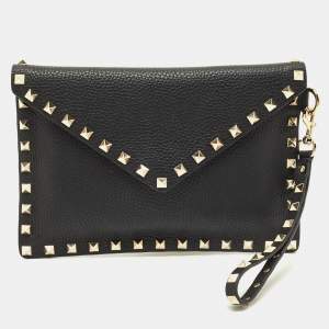 Pre Owned Valentino Black Leather Rockstud Wristlet Slim Pouch