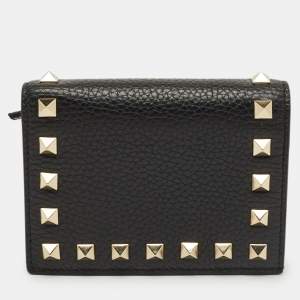 Pre Owned Valentino Black Leather Rockstud Flap Card Case