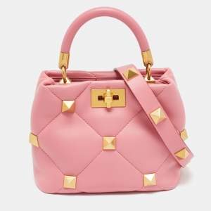 Pre Owned Valentino Roman Stud  Small Pink Quilted Leather Top Handle Bag