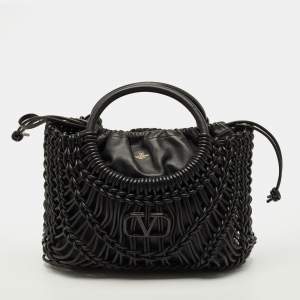 Pre Owned Valentino Allknots VLogo Black Woven Leather Tote