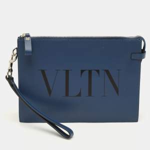 Pre Owned Valentino VLTN Navy Blue Leather Wristlet Zip Pouch
