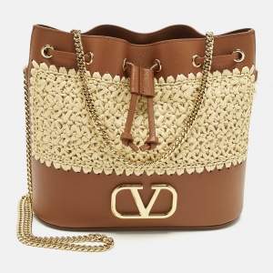 Pre Owned Valentino VLogo Mini Beige/Brown Raffia and Leather and Bucket Bag