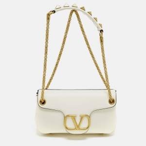 Pre Owned Valentino Stud Sign Ivory Leather Flap Shoulder Bag