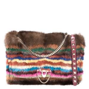 Pre Owned Valentino Multicolor Mink Fur and Leather Chain Shoulder Bag