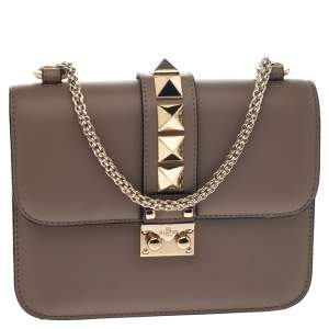 Pre Owned Valentino Beige Leather Rockstud Small Glam Lock Shoulder Bag