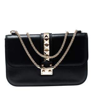 Pre Owned Valentino Black Leather Large Glam Lock Chain Shoulder Bag
