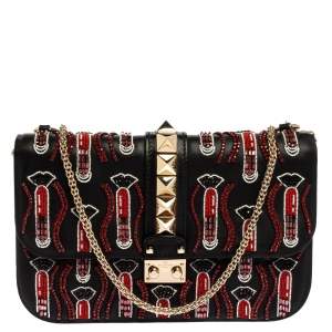 Pre Owned Valentino Black Rockstud Crystal Embellished Leather Medium Glam Lock Flap Bag