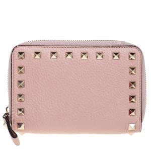 Pre Owned Valentino Blush Pink Leather Rockstud Zip Around Wallet