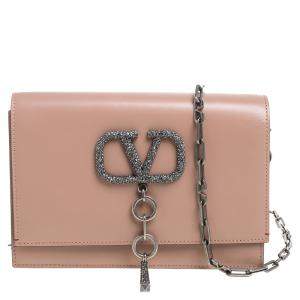 Pre Owned Valentino Rose Canelle Leather Small VCASE With Swarovski Crystals Logo Shoulder Bag