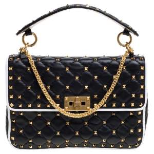 Pre Owned Valentino Black/White Quilted Leather Medium Rockstud Spike Shoulder Bag