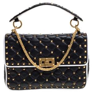 Pre Owned Valentino Black/White Quilted Leather Medium Rockstud Spike Shoulder Bag