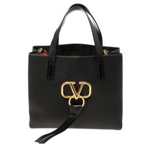 Pre Owned Valentino Black Pebbled Leather E/W VRING Tote