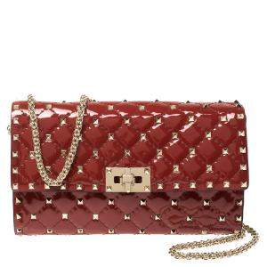 Pre Owned Valentino Red Quilted Patent Leather Rockstud Spike Shoulder Bag