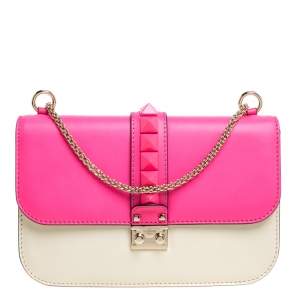 Pre Owned Valentino Neon Pink/White Leather Rockstud Medium Glam Lock Flap Bag