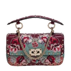 Pre Owned Valentino Multicolor Quilted Leather Embroidered Floral Patch Embellishments Small Rockstud Spike.It Chain Shoulder Bag