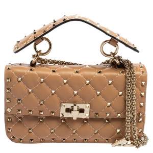 Pre Owned Valentino Beige Leather Rockstud Spike Top Handle Bag