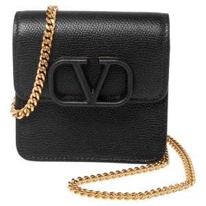 Pre Owned Valentino Black Grained Leather VLogo Compact Wallet On Chain