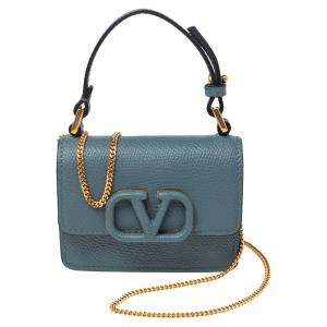 Valentino Blue Grained Leather Mini VLogo Chain Pouch