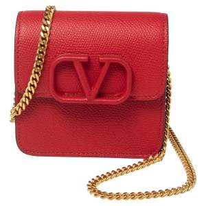 Valentino Red Grained Leather VLogo Compact Wallet On Chain