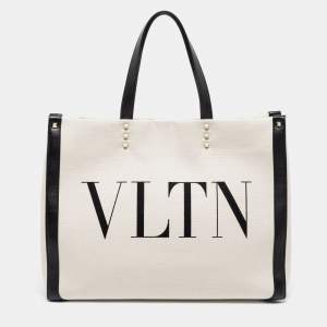 Pre Owned Valentino White/Black Canvas and Leather VLTN Logo Tote