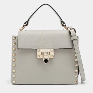 Pre Owned Valentino Grey Leather Small Rockstud Top Handle Bag