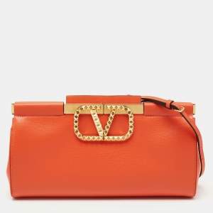 Valentino Orange Leather Rockstud Logo Plaque Clutch
