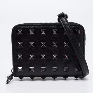 Pre Owned Valentino Black Leather Rockstud Wallet On Strap