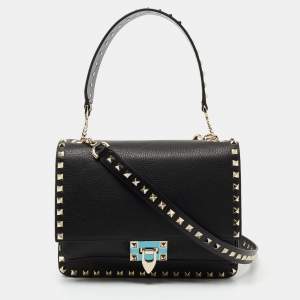 Pre Owned Valentino Black Leather Rockstud Flap Top Handle Bag