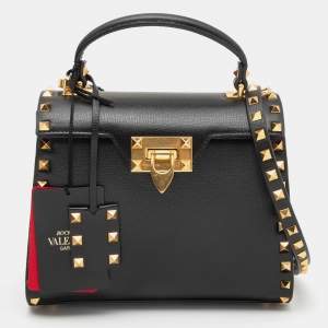 Pre Owned Valentino Black Leather Rockstud Top Handle Bag