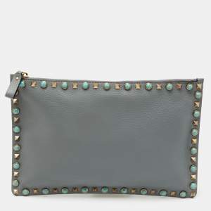 Valentino Grey Leather Rockstud Zip Pouch