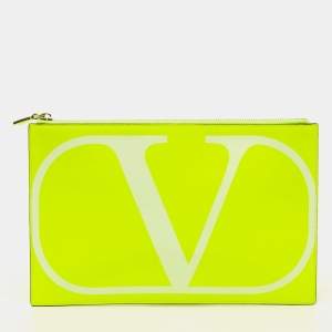 Pre Owned  Valentino Neon Green Leather Vlogo Flat Zip Pouch