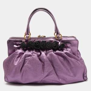 Valentino Metallic Purple Leather and Snake Skin Petale Rose Frame Satchel