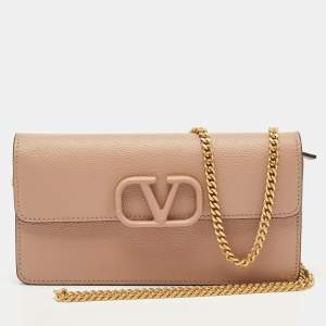 Pre Owned Valentino Beige Leather VLogo Wallet on Chain