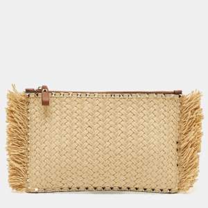 Valentino Brown/Natural Raffia and Leather Rockstud Zip Pouch