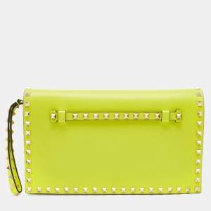 Valentino Neon Yellow Leather Rockstud Flap Wristlet Clutch