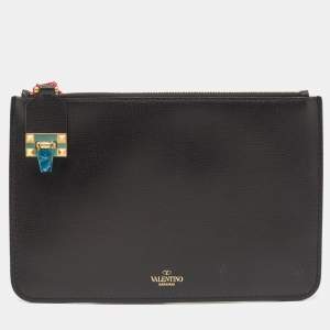 Valentino Black Leather Small Rockstud Lock Flat Pouch 