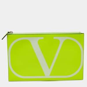 Pre Owned  Valentino Neon Green Leather Vlogo Flat Zip Pouch