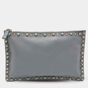 Pre Owned Valentino Grey Leather Rolling Rockstud Zip Pouch