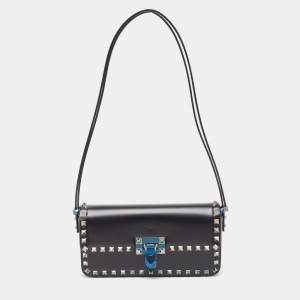 Valentino Black Leather Rockstud Flap Shoulder Bag