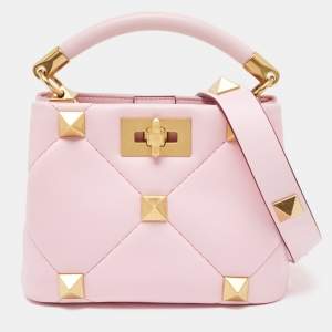 Valentino Pink Quilted Leather Mini Roman Stud Top Handle Bag