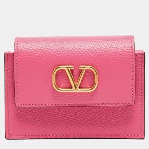 Pre Owned Valentino Pink Leather VLogo Accordion Card Holder