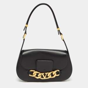 Pre Owned Valentino Black Leather Chain VLogo Shoulder Bag