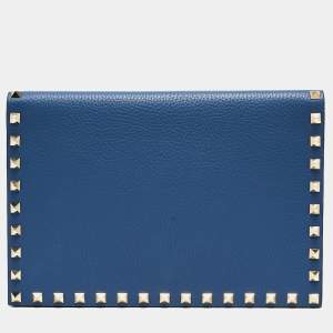 Valentino Blue Grained Leather Rockstud Flap Clutch
