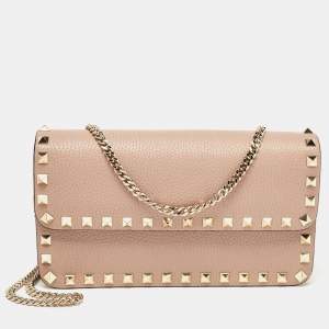 Valentino Old Rose Leather Rockstud Chain Clutch