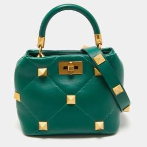 Valentino Green Quilted Leather Small Roman Stud Top Handle Bag
