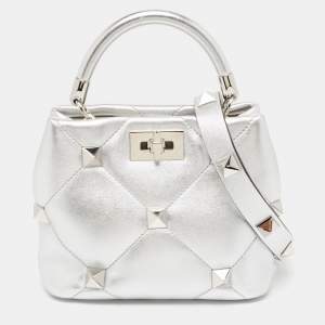 Pre Owned Valentino Silver Quilted Leather Small Roman Stud Top Handle Bag