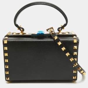 Pre Owned Valentino Black Leather Rockstud Alcove Box Top Handle Bag